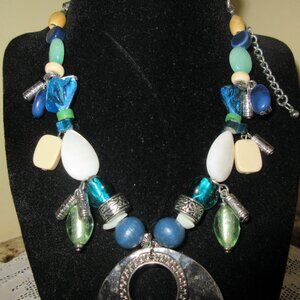 Chico's Beaded Silver Tone Hammered Pendant Dangling Aqua, Green Beads etc.